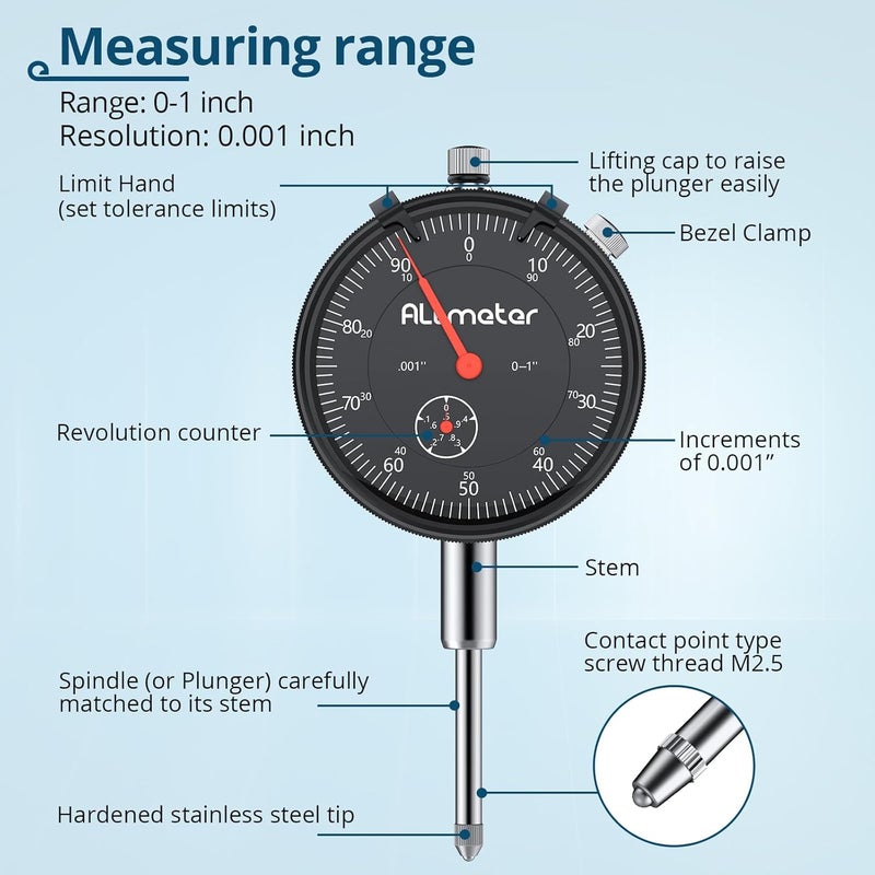 ALLmeter Store Dial Indicator Magnetic Base Set (176lbs/80kg Tensile Force) 0-1 Inch Precision Gauge for Machining,Lathe Alignment & Metalworking Dial Indicator Gage Gauge for 3D Printer Lathe Workshop - Image 5
